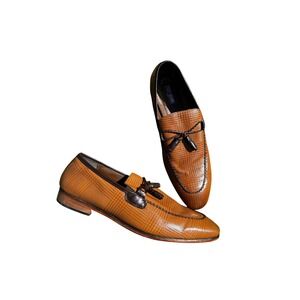 Stacy Adams Mens Cognac Brown Glen Plaid Embossed Tassel Loafers Dress Shoes 14